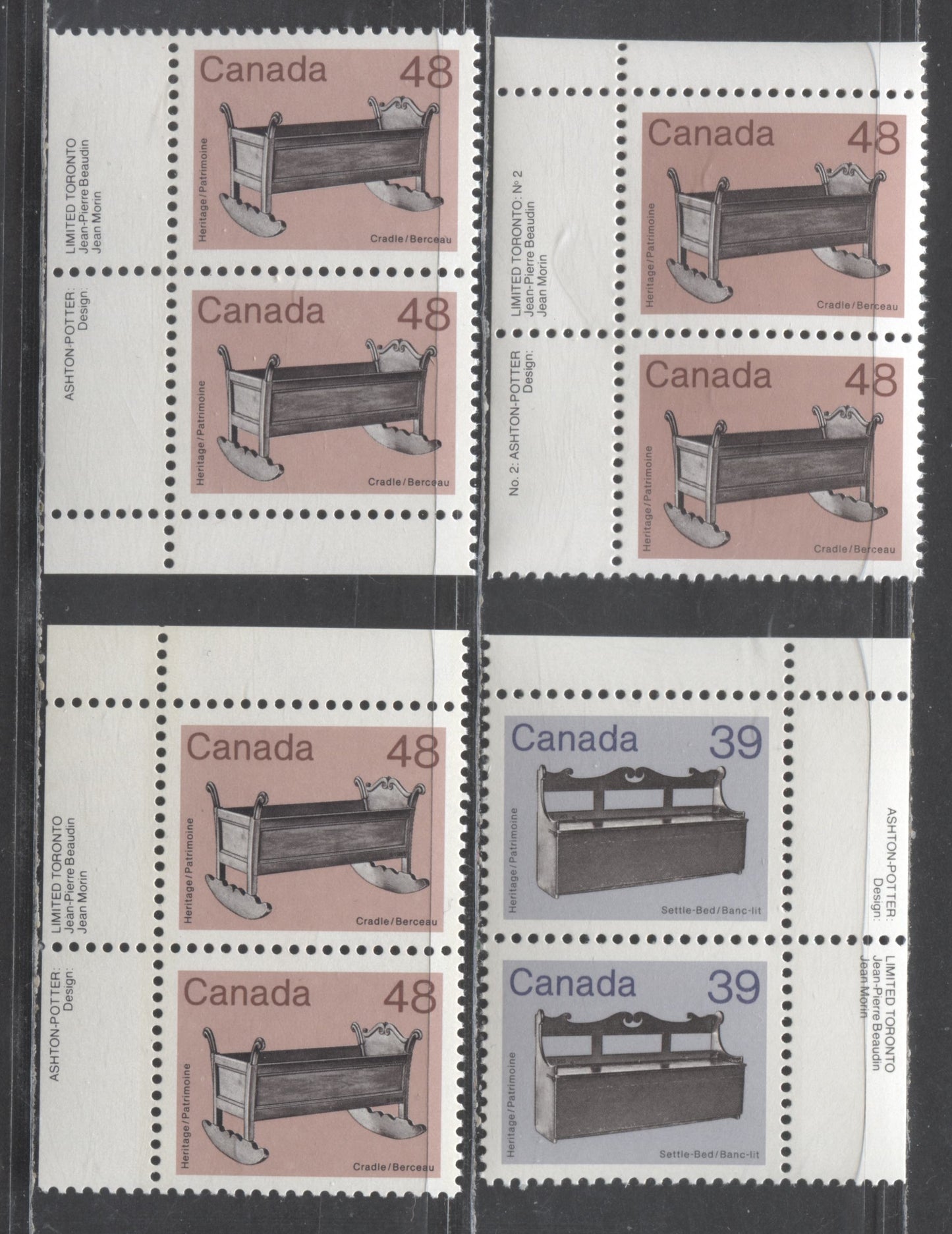 Canada #928, 929, 929i 39c & 48c Violet/Pink & Multicolored Settle-Bed & Cradle, 1982-1987 Medium-Value Artifact Definitives, 4 VFNH Inscription Pairs On NF/NF Harrison Paper, NF/NF Clark Paper, DF1/DF1 & DF2/DF2 Abitibi Papers