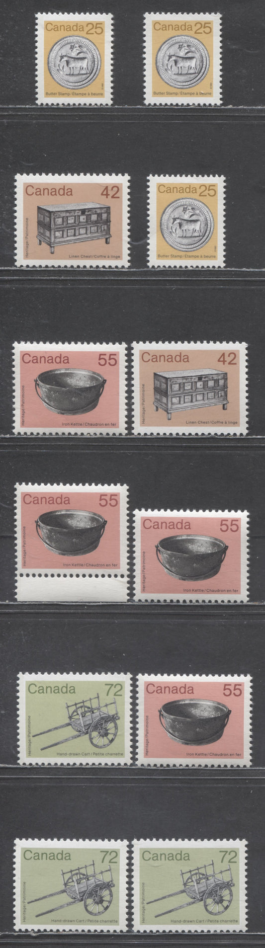 Canada #1080, 1081i,iii, 1082, 1083-iii 25c-72c Yellow/Apple Green & Multicolored Butter Stamp - Hand-Drawn Cart Issues, 1987-1988 Artifact Definitives, 12 VFNH Singles With Various Harrison & Rolland Papers, With Shade Varieties