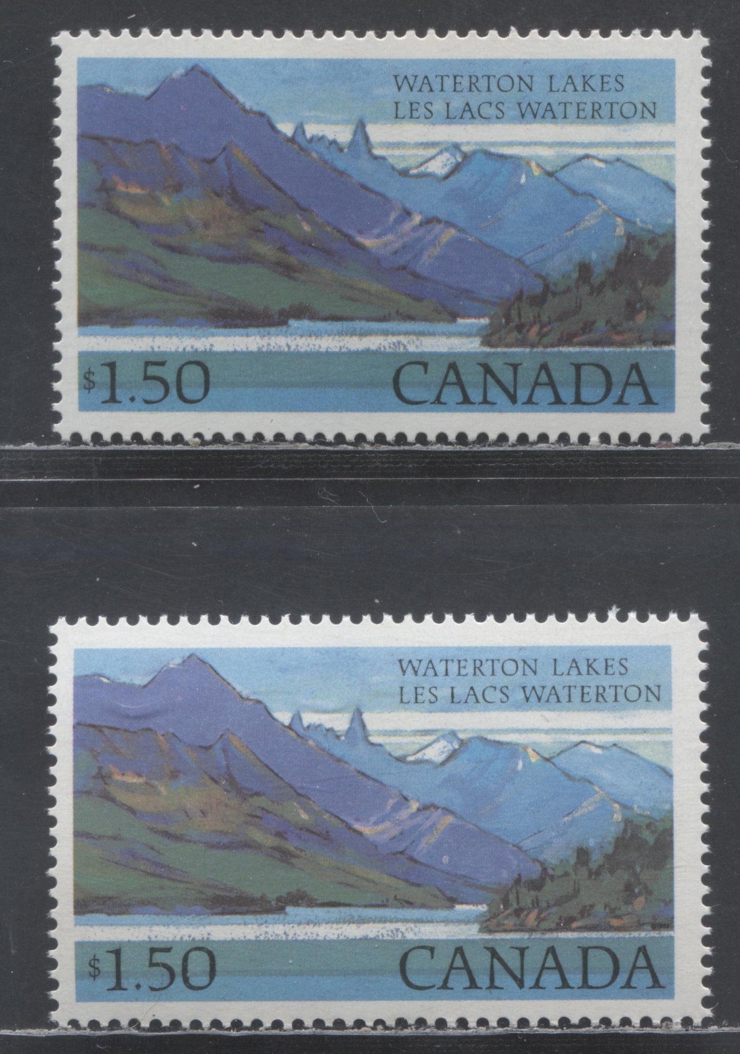 Canada #935i,iii $1.50 Multicolored Waterton Lakes, 1982-1987 High Value National Park, 2 VFNH Singles On LF/DF2 & LF/LF-fl Papers, Without Beacon On Mountain