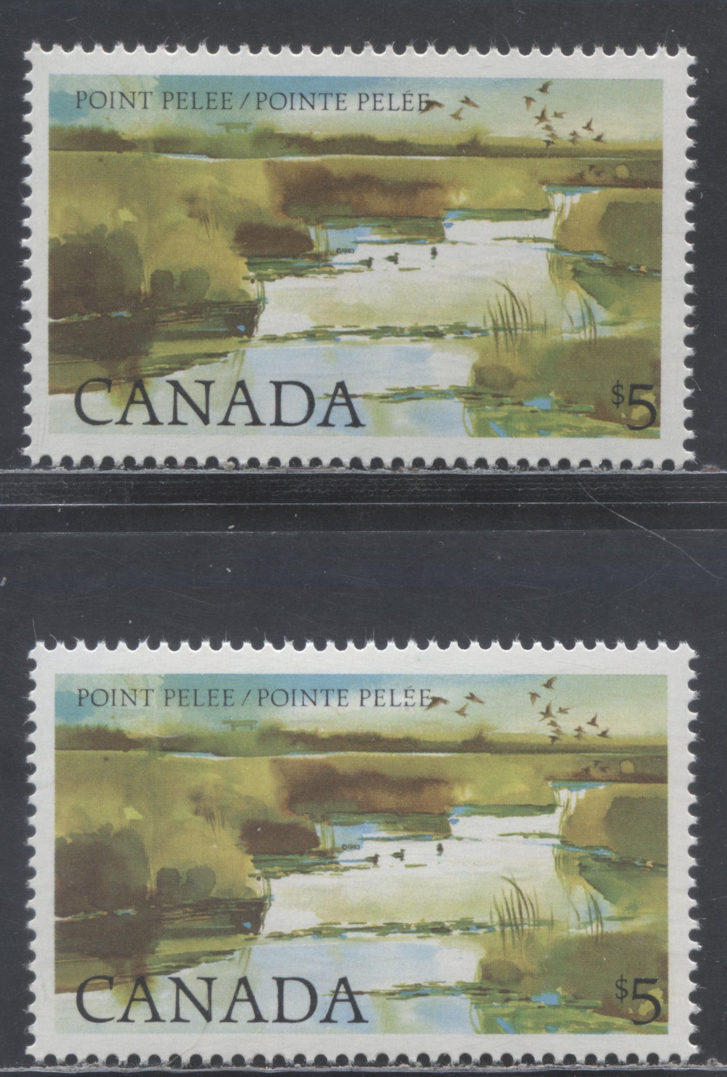 Canada #937 $5 Multicolored Point Pelee, 1982-1987 High Value National Park, 2 VFNH Singles On LF-fl & DF/DF Abitibi Papers, Plate 1