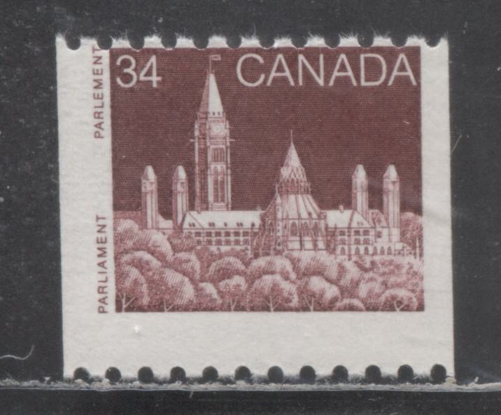 Canada #952var 34c Dull Red Brown Parliament, 1985-1988 Coil Issue, A VFNH Single With G4B Tag Error Due To Perf Shift, DF/DF Rolland Paper