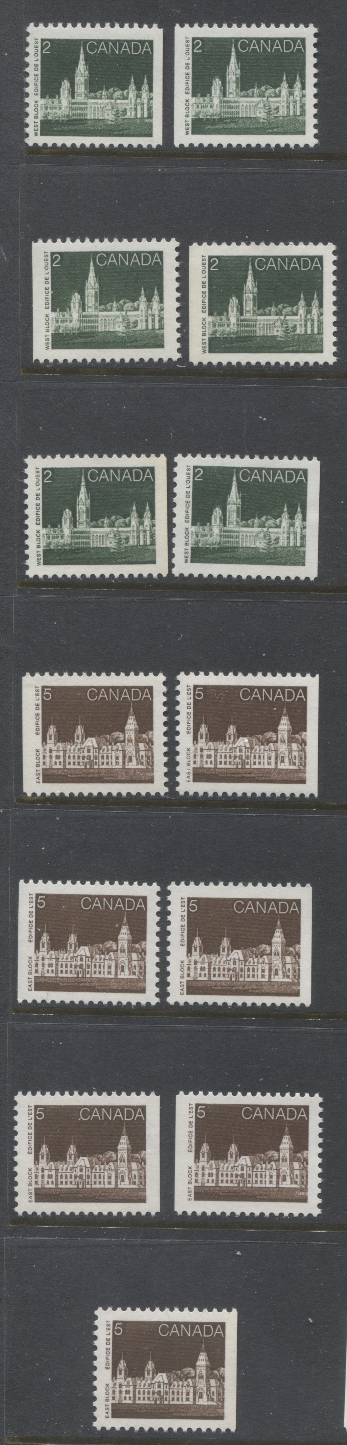Canada #939, 939i, 941, 941ii 2c. 5c Deep Green & Deep Brown Parliament Buildings, 1982-1987 Artifacts & National Parks Issue, 13 VFNH Booklet Singles,NF/NF to MF, Abitibi Papers