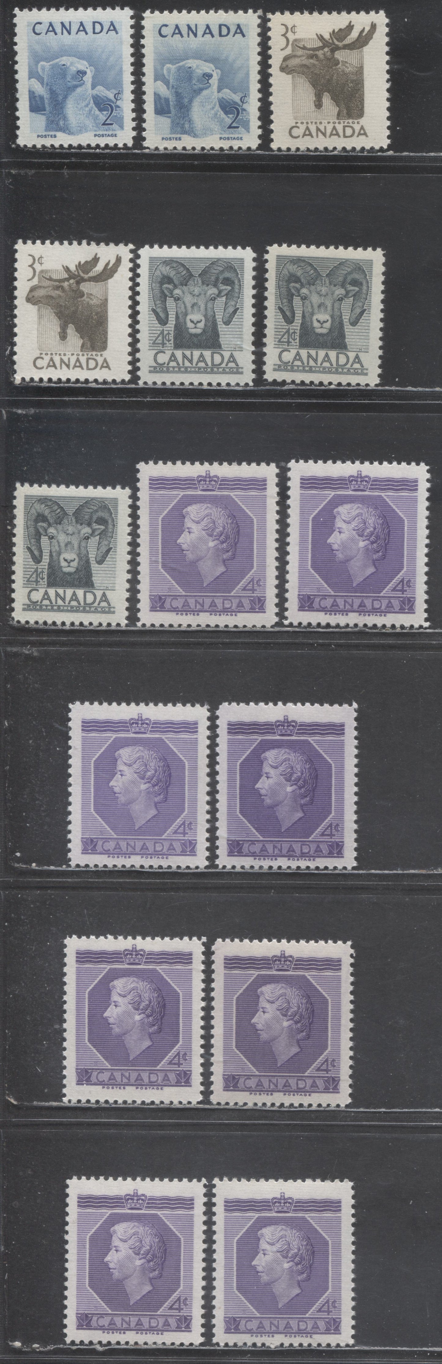 Canada #322-324, 330 2c-4c Various Colours Various Subjects, 1951-1953 Royal Visit Issue - 1953 Coronation Issue, 15 VFNH Singles, Smooth & Horiziontally Ribbed Papers, Many Shades Cream & Yellowish Cream Semi-Gloss Gum