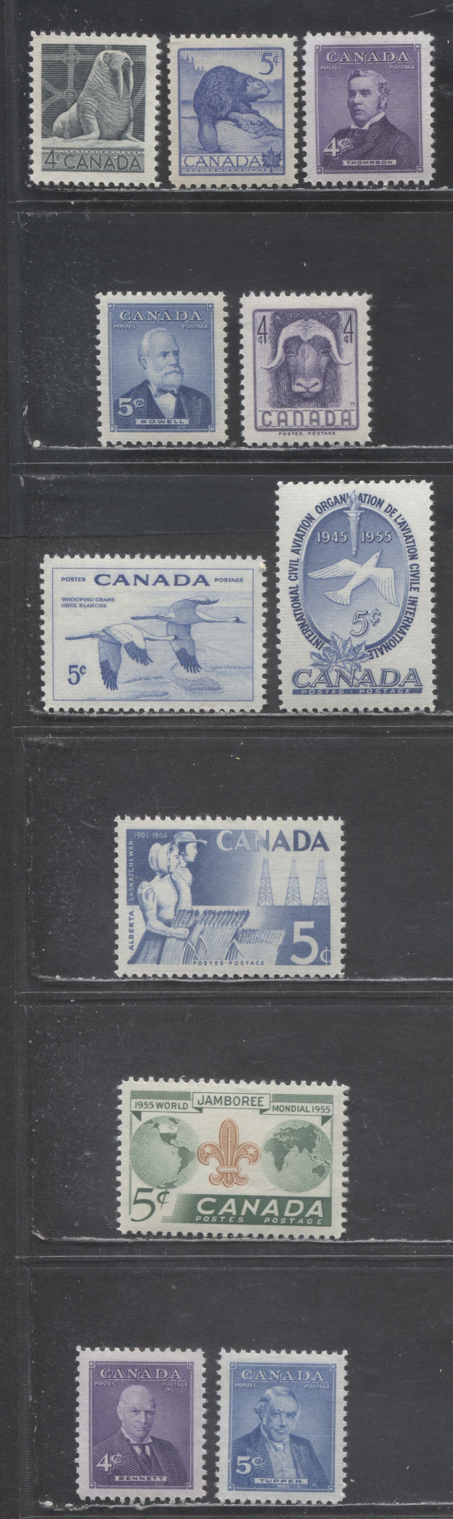 Canada #335-336, 349-350, 352-358 4c-5c Various Colours Various Subjects, 1954-1955 Wildlife Week Issue - Prime Ministers Issue, 11 VFNH Singles, Horizontally & Vertically Ribbed Papers,  Cream & Yellowish Cream Gums