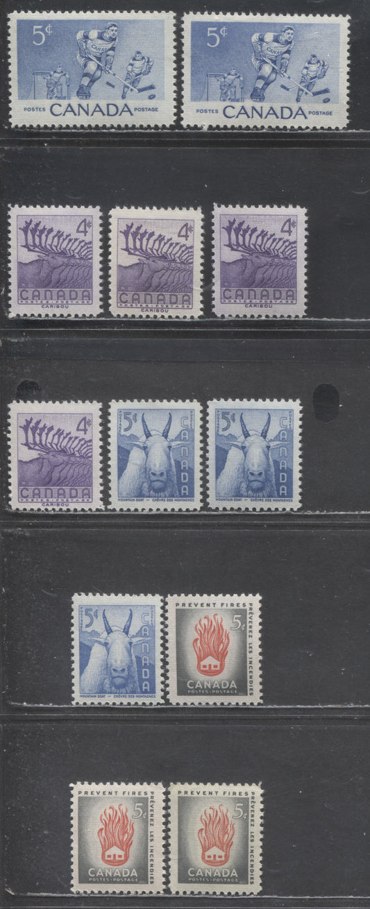 Lot 409 Canada #359-36, 364 4c-5c Violet, Ultramarine, Olive Grey & Vermilion Various Subjects, 1956 Hockey - Fire Prevention Issues, 12 VFNH Singles, Horizontally Ribbed Paper, Cream Semi-Gloss Gum, All Selected For Centering