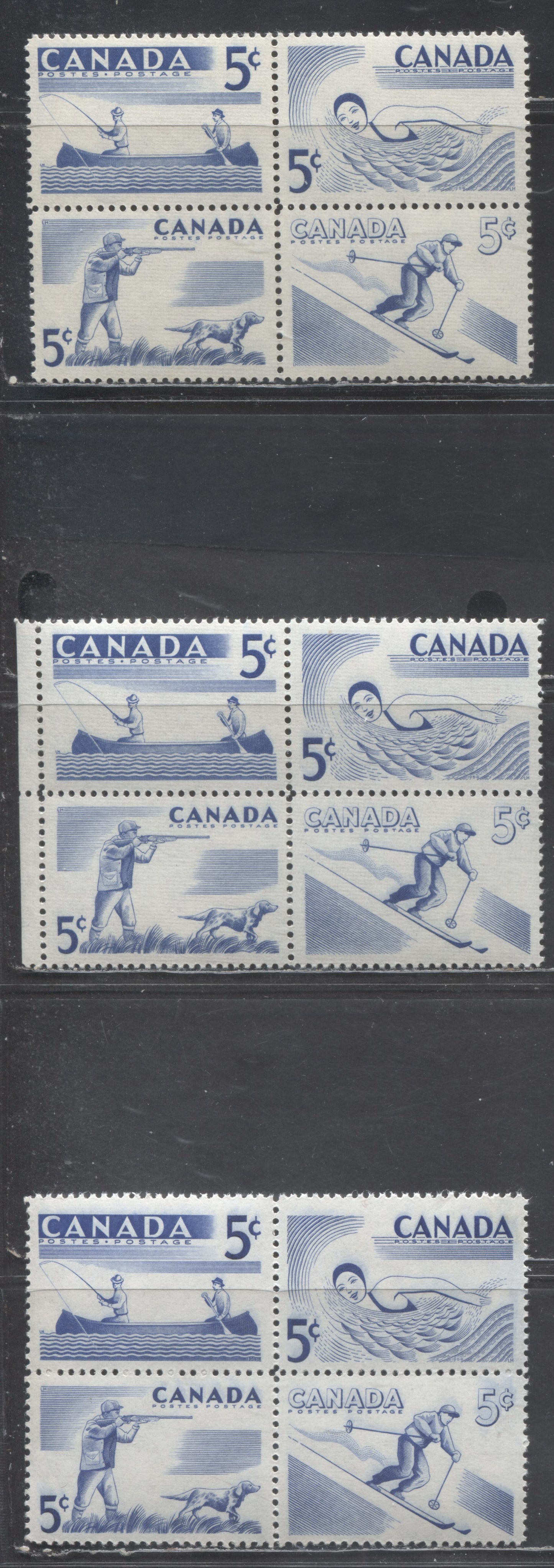 Canada #368a 5c Deep Ultramarine Skiing, Canoeing, Swimming & Hunting, 1957 Recreational Sports Issue, 3 VFNH Se-Tenant Blocks of 4, Horizontally Ribbed, LF, DF & NF Papers, Streaky Cream Semi-Gloss Gum
