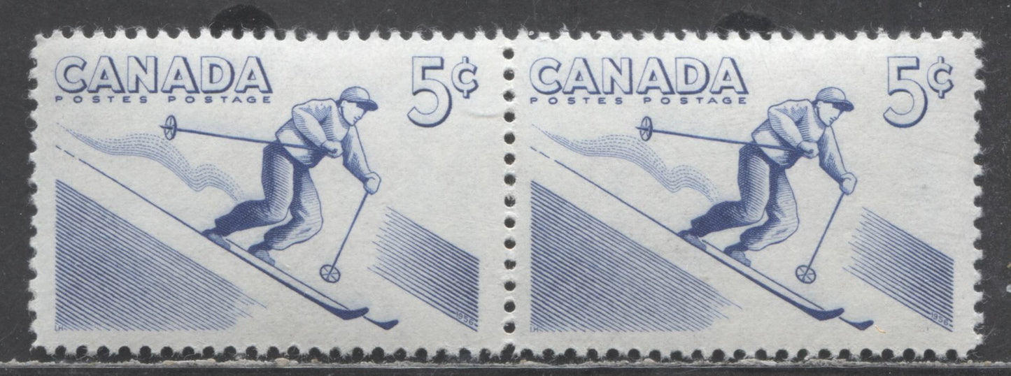 Canada #368i 5c  Deep Ultramarine Skiing, 1957 Recreational Sports Issue, A VFNH Identical Pair, Horizontally Ribbed, DF Paper, Streaky Cream Semi-Gloss Gum, Scarce, As Most Would Have Been Split