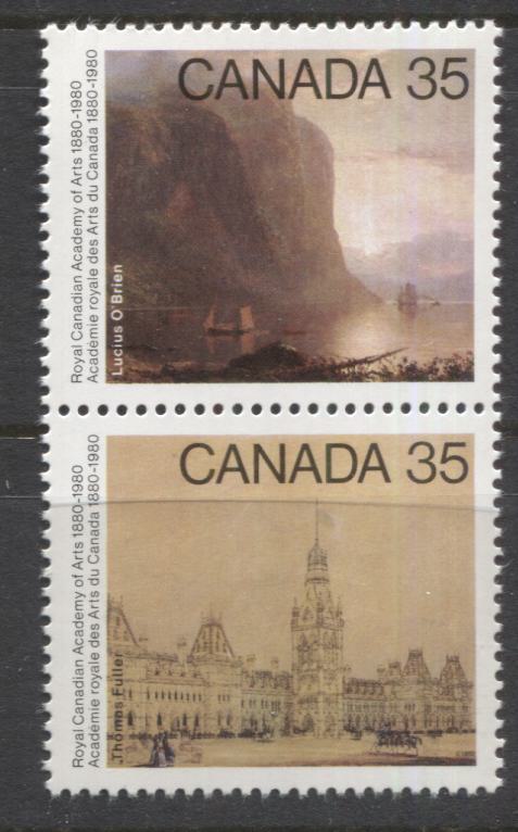 Canada #852a 35c Multicoloured Parliament Buildings, Sunrise On The Saguenay, 1980 Academy of Arts Issue, A VFNH Vertical Se-Tenant Pair, Unlisted Bright White LF3/LF4-fl Paper