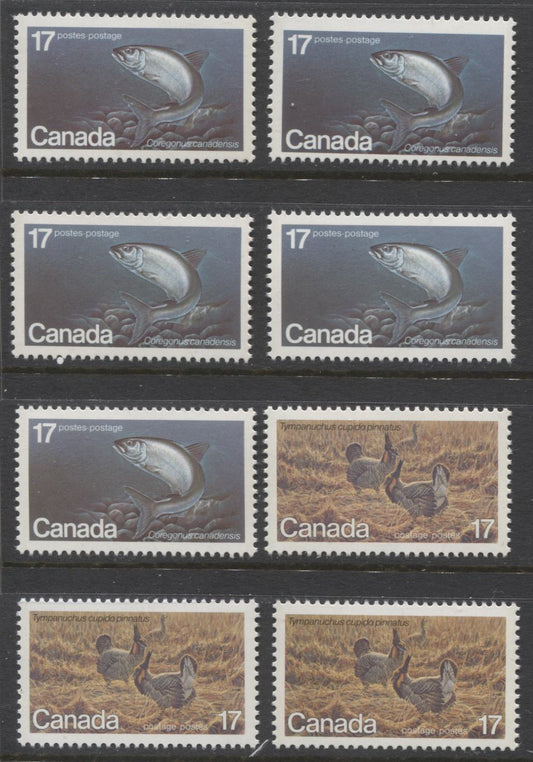 Canada #853-854 17c Multicoloured Atlantic Whitefish & Greater Prairie Chicken, 1980 Endangered Wildlife Issue, 8 VFNH Singles, Various DF/DF, NF/NF and DF/LF Papers