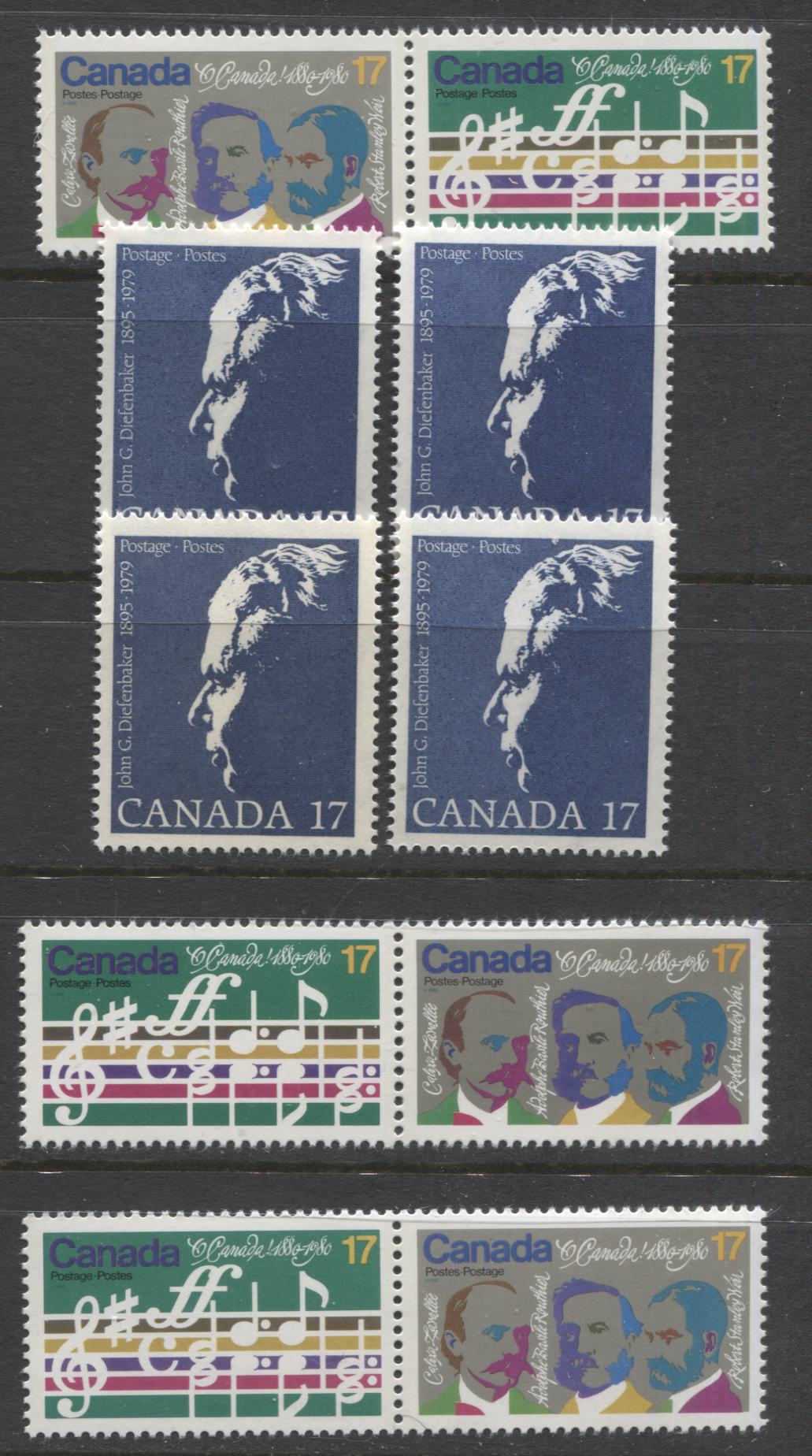 Canada #858a, 859 17c Multicoloured Opening Bars, Composers & John Diefenbaker, 1980 O'Canada & John Diefenbaker Issues, 3 VFNH Horizontal Se-Tenant Pairs & 4 Singles, Various LF/LF, NF/DF, DF/DF and NF/NF Papers, Different Shades of Blue