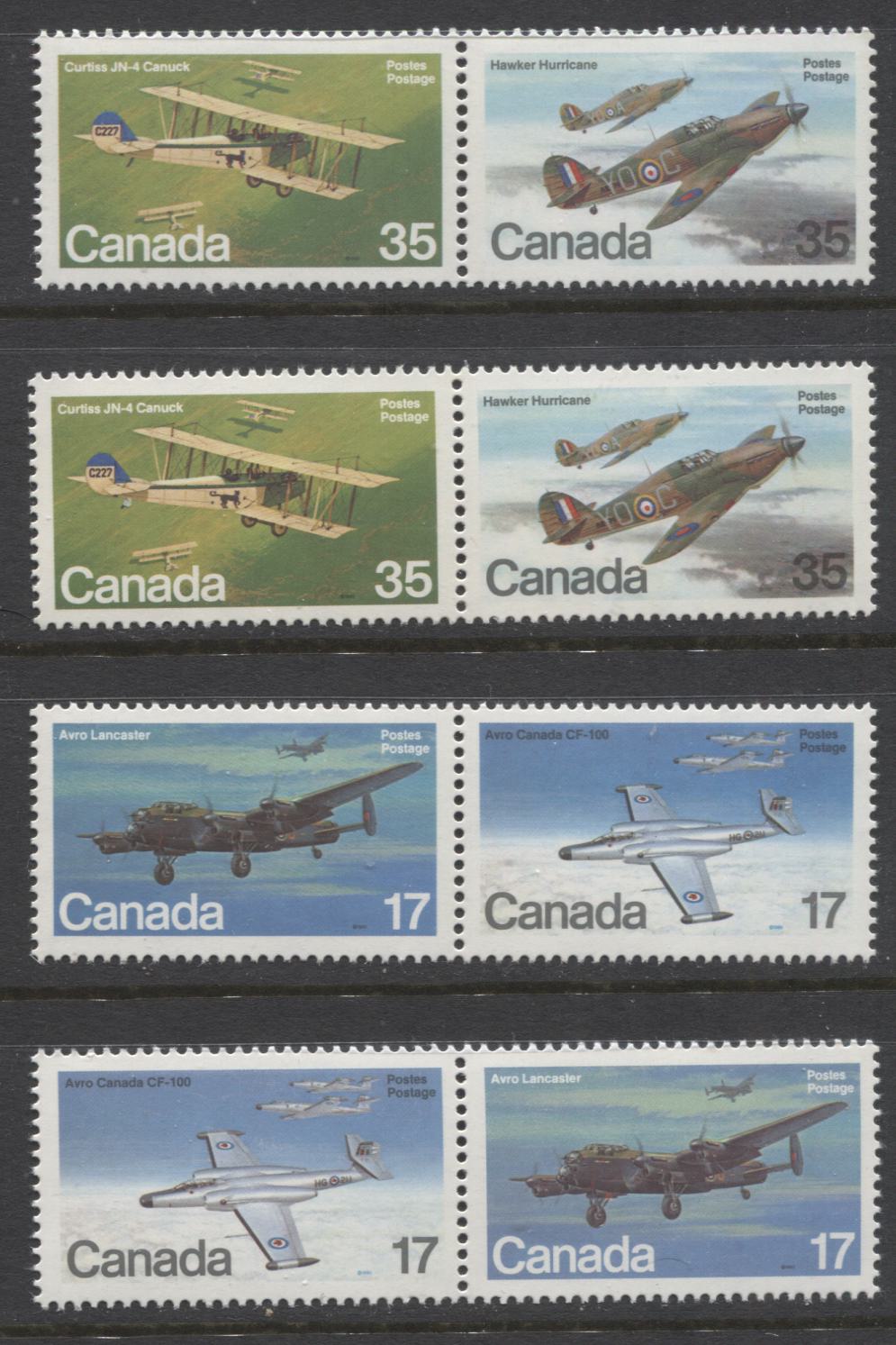 Canada #874a, 876a 17c Multicoloured Military Aircraft, 1980 Military Aircraft Issue, 4 VFNH Horizontal Se-Tenant Pairs, Various DF/DF and LF/LF Papers