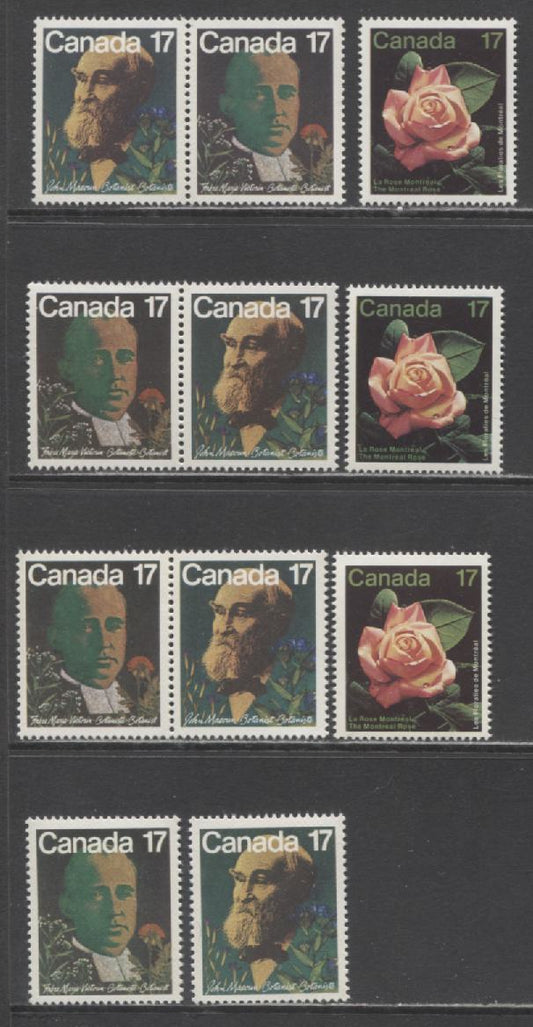 Canada #895a-896 17c Multicoloured Frere Marie Victorin, John Macoun, Rose, 1981 Canadian Botanists, & Les Floralies Issues, 5 VFNH Horizontal Se-Tenant Pairs & 3 Singles, Various DF/DF, LF/MF, LF/LF, DF/LF and DF/F Papers