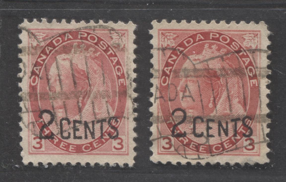 Canada #88 2c on 3c Carmine Queen Victoria, 1899 Surcharges, 2 VF Used Singles, Normal Surcharge Placcement, Two Different Shades, Different From Lot 267