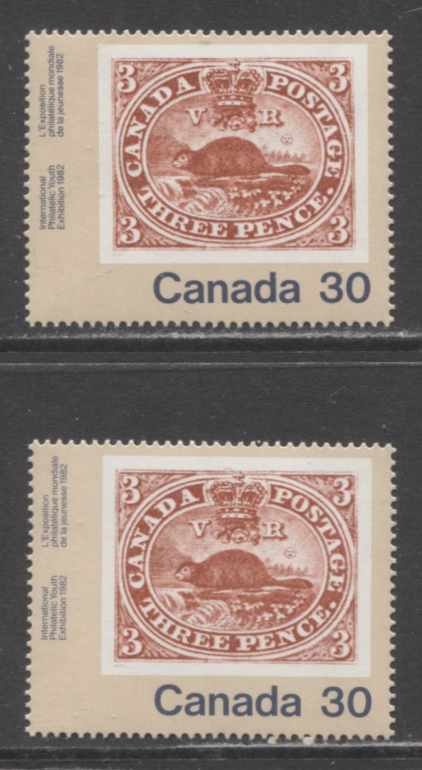 Canada #909var 30c Multicoloured Threepenny Beaver , 1982 Canada '82 Issue, 2 VFNH Singles , With Slip Print Minor Doubling of Grey Blue Inscription, DF1/DF2-fl Paper, With Normal to Compare