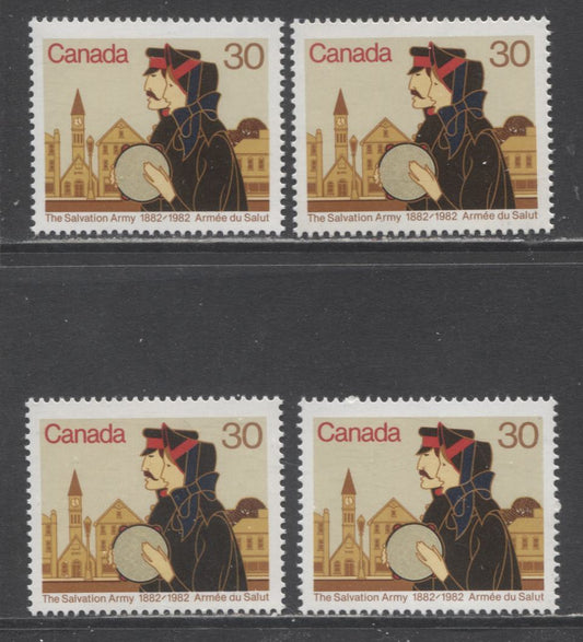 Canada #954 30c Multicoloured Volunteers, 1982 Salvation Army Centenary, 4 VFNH Singles, LF/F, DF/DF & LF/LF Papers