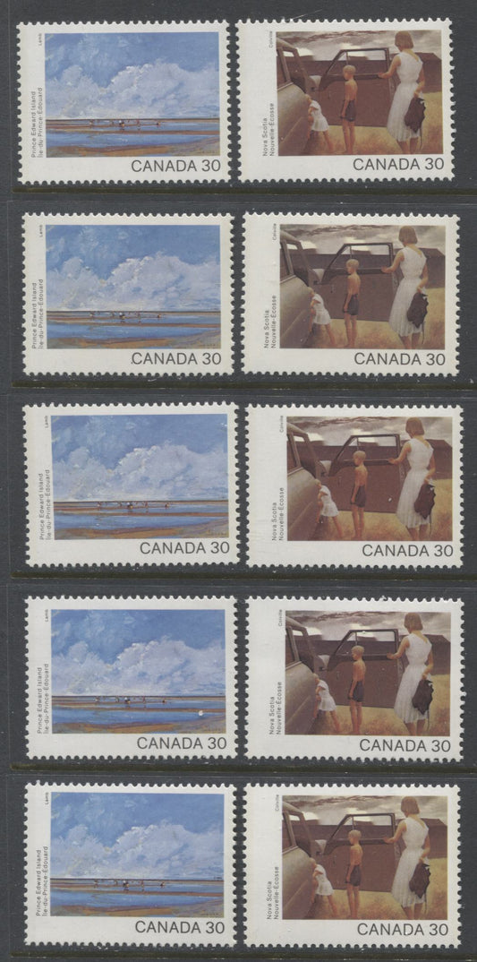 Lot 326 Canada #959-960 30c Multicoloured Prince Edward Island & Nova Scotia, 1982 Canada Day Issue, 10 VFNH Singles, On DF2/DF2, LF3/LF3-fl, DF1/DF1, NF/NF and DF1/NF-fl Papers