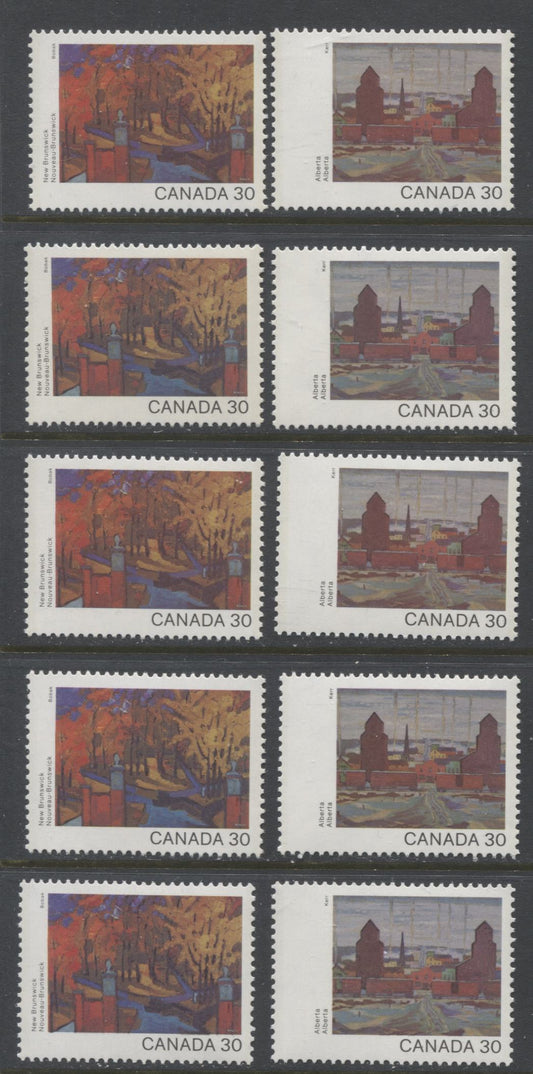 Canada #963-964 30c Multicoloured New Brunswick & Alberta, 1982 Canada Day Issue, 10 VFNH Singles, On DF2/DF2, LF3/LF3-fl, DF1/DF1, NF/NF and DF1/NF-fl Papers