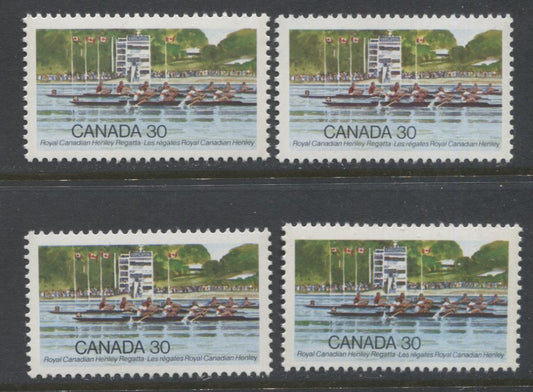 Canada #968, ii 30c Multicoloured Rowing Competition, 1982 Henley Regatta Issue, 4 VFNH Singles, DF/DF, LF4/LF4, LF3/LF3 and LF4/F5 Papers