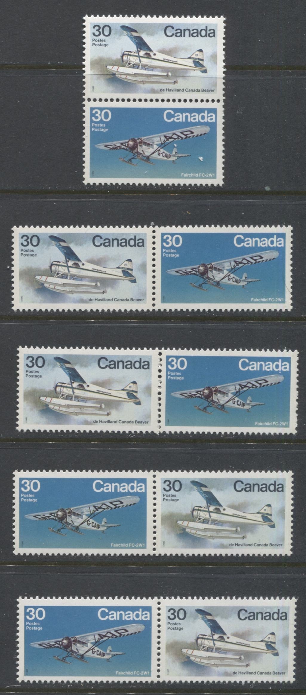 Canada #970a, ai 30c Multicoloured Fairchild FC-2W1 & De Havilland Canada Beaver, 1982 Bush Aircraft Issue, 4 VFNH Horizontal & Vertical Se-Tenant Pairs, DF/DF, NF/NF, DF/DF-fl, LF3/LF4 and DF2/LF3 Papers