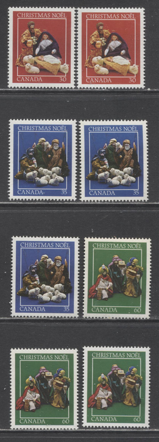 Lot 350 Canada #973-975 30c-60c Multicoloured Holy Family - Three Wise Men, 1982 Christmas Issue, 8 VFNH Singles, DF/DF, NF/NF, DF/LF and LF/LF Papers