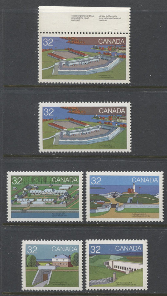 Lot 368 Canada #983-984, 986-987, 992 32c Multicoloured Fort Henry - Fort Boursejour, 1983 Canadian Forts Issue, 6 VFNH Singles, DF/DF-fl Paper With Very Few LF Flecks, Including 2 Shades of Fort Henry Stamp