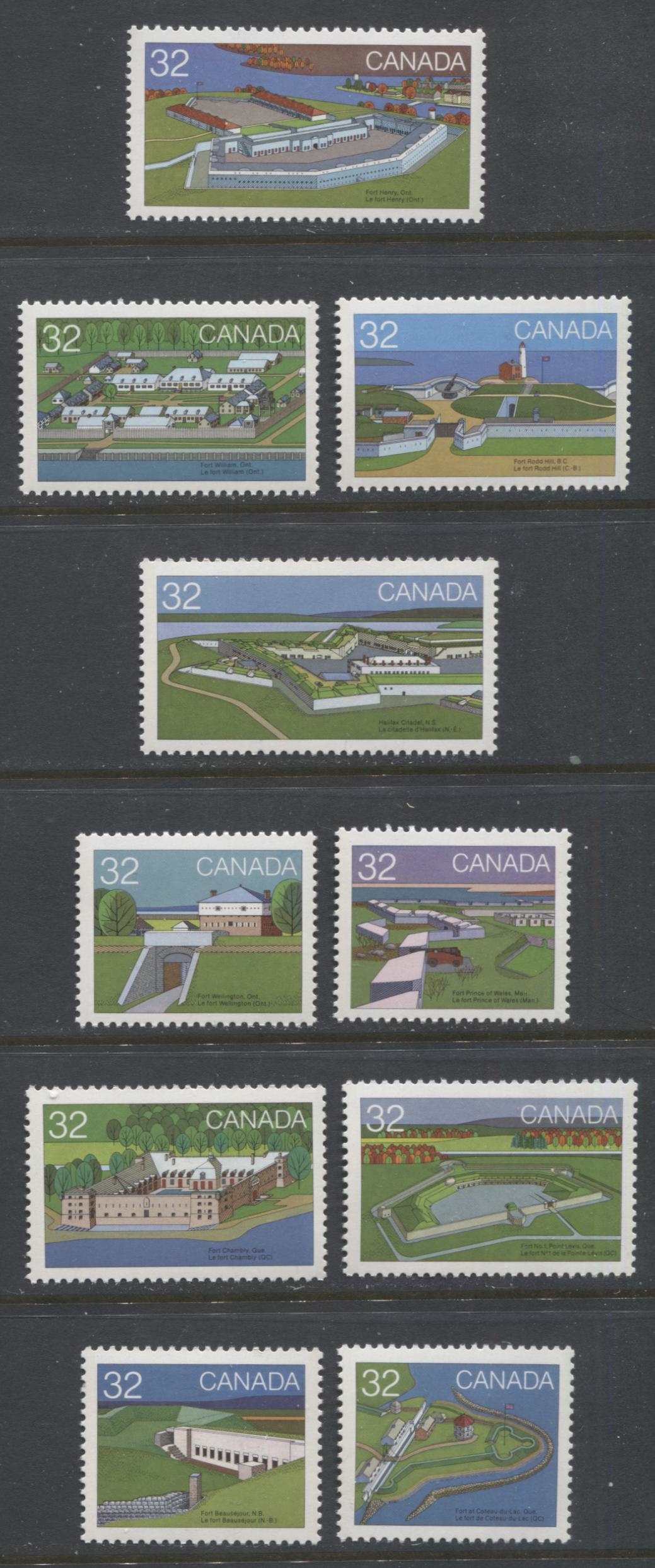 Canada #983-992 32c Multicoloured Fort Henry - Fort Boursejour, 1983 Canadian Forts Issue, 10 VFNH Singles, On LF3/MF7-fl Paper, Scarce, As Most Are Some Variation of DF/DF-fl or DF/LF3