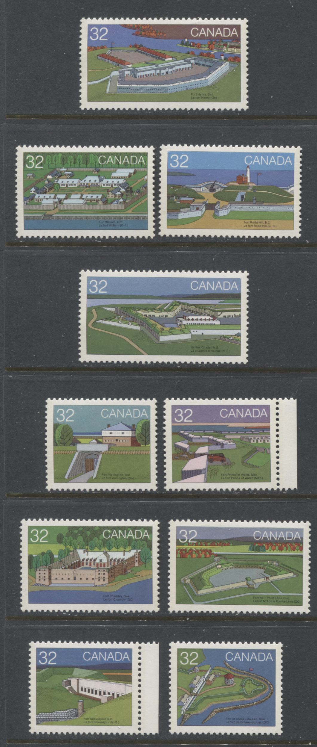 Canada #983-992 32c Multicoloured Fort Henry - Fort Boursejour, 1983 Canadian Forts Issue, 10 VFNH Singles, On DF1/LF3 Paper