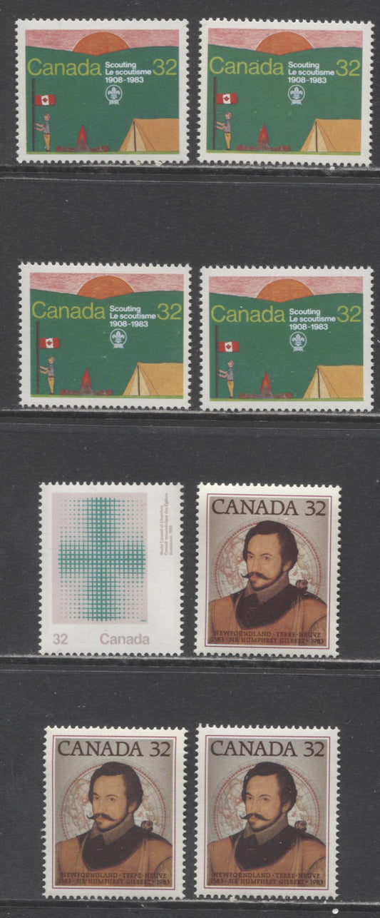 Canada #993, iii, 994-995 32c Multicoloured 1983 Canadian Scouting, Council of Churches, Newfoundland Issues, 8 VFNH Singles, On NF/NF, NF/DF, DF/LF, MF/DF And DF/DF Papers, Two Shades of Grey On Gilbert Stamp