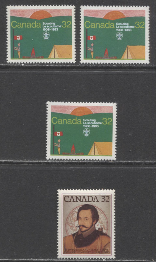 Canada #993i, iii, 995 32c Multicoloured Scout Encampment, Sir Humphrey Gilbert, 1983 Canadian Scouting & Newfoundland Issues, 4 VFNH Singles, LF/LF, LF/F and LF/DF Papers, Different From Those In Lot 376