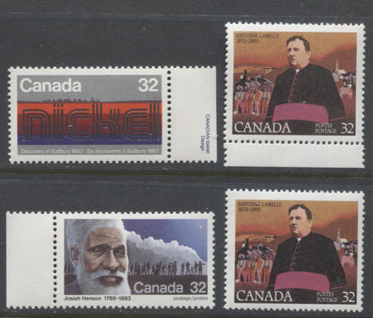 Lot 380 Canada #996ii, 997var, 998var 32c Multicoloured Josiah Henson, Antoine Labelle & View of Sudbury, 1983 Discovery of Nickel - Canadian Pioneers, 4 VFNH Singles, Scarcer Paper Varieties, Including MF8/F5-fl, NF/DF2, and NF/NF-fl