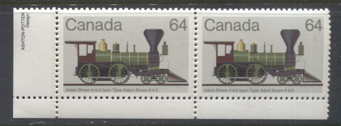 Lot 387 Canada #1002var 64c Multicoloured Adam Brown 4-4-0 Type, 1983 1836-1860 Locomotives Issue, A VFNH LL Partial Inscription Pair, With Dash Above Smokestack Variety (Pos. 46), DF Greyish/DF2 Paper,