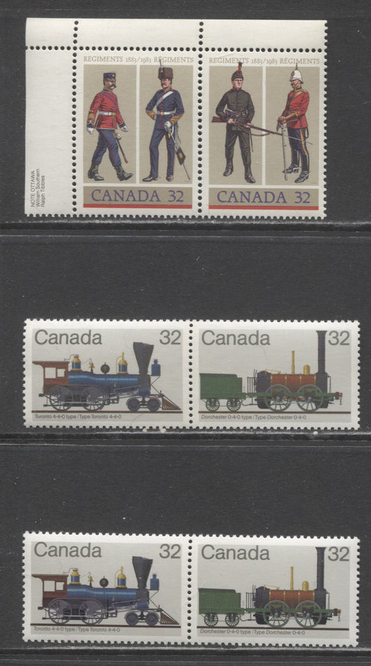 Lot 388 Canada #1000avar, 1008ai 32c Multicoloured 1983 Locomotives & 1983 Canadian Regiments Issues, 3 VFNH Horizontal Se-Tenant Pairs, On Unlisted DF Bluish/DF1, DF Greyish/DF1 And LF/NF Papers