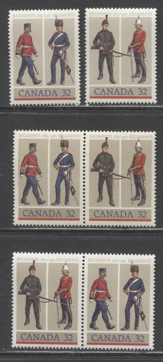 Canada #1008a, ai 32c Multicoloured Regimental Uniforms, 1983 Canadian Regiments Issue, 4 VFNH Horizontal Se-Tenant Pairs, LF/F5-fl, LF/DF1 and LF/DF2 Papers