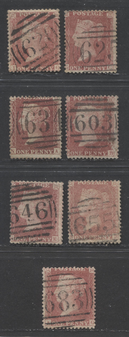 Great Britain - Barred Numeral Cancels For England & Wales: 600-699 SC#20 1d Rose Red & Pale Rose Red 1857-1863 1d Red Stars, Large Crown, White Paper, Perf. 14 Issue, #603/#683, 7 Good & VG Used Singles, Est. Value $8