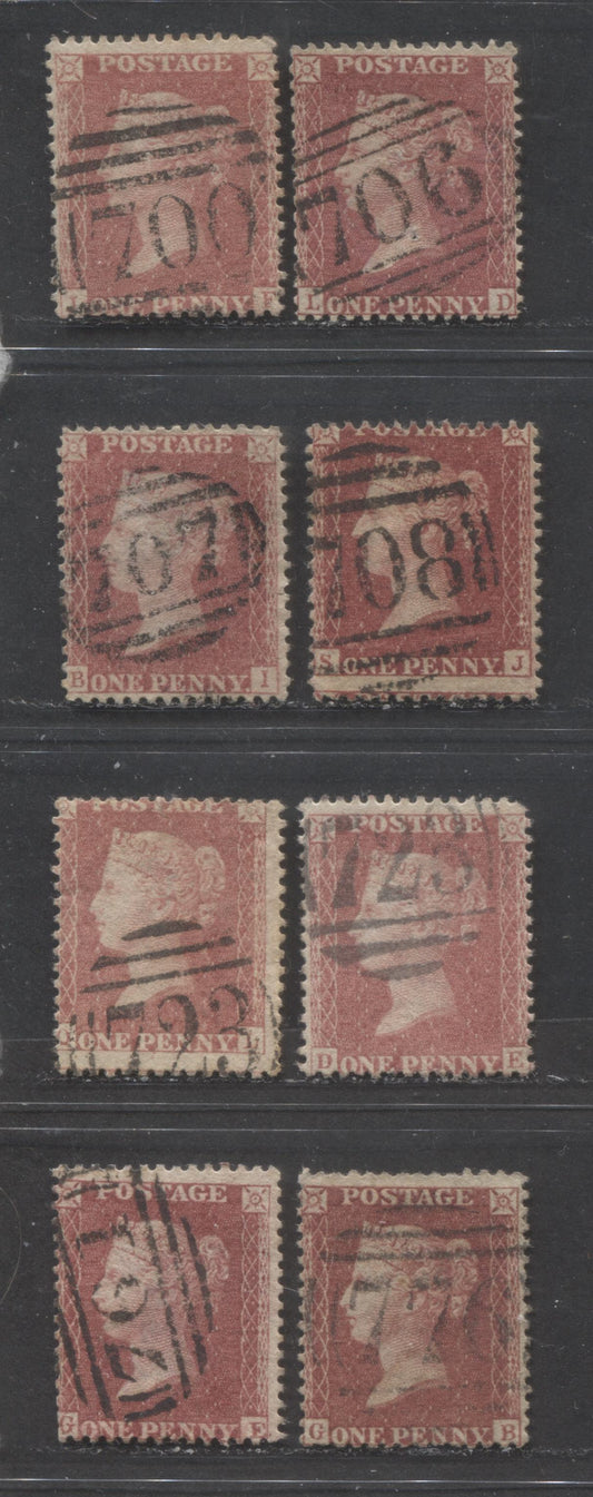 Great Britain - Barred Numeral Cancels For England & Wales: 700-799 SC#20 1d Rose Red & Deep Rose Red 1857-1863 1d Red Stars, Large Crown, White Paper, Perf. 14 Issue, #700, #706-#708, #723, #761, #776, 8 Good & VG Used Singles, Est. Value $12