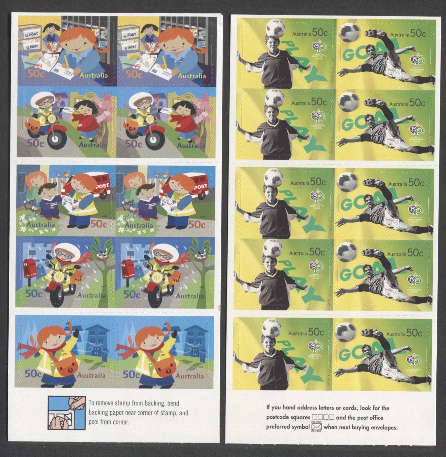 Australia SC#2523a/2533a 2006 World Cup Soccer & Postie Kate Issues, 2 VFNH Booklet Panes Of 10, Click on Listing to See ALL Pictures, 2017 Scott Cat. $23