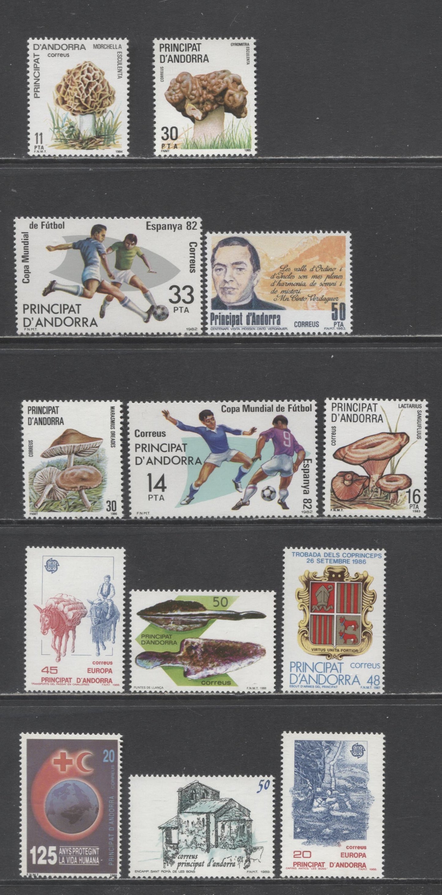 Andorra (Spanish Admin) SC#145/203 1982-1989 World Cup/Red Cross Issues, 13 VFNH Singles, Click on Listing to See ALL Pictures, 2017 Scott Cat. $18.75