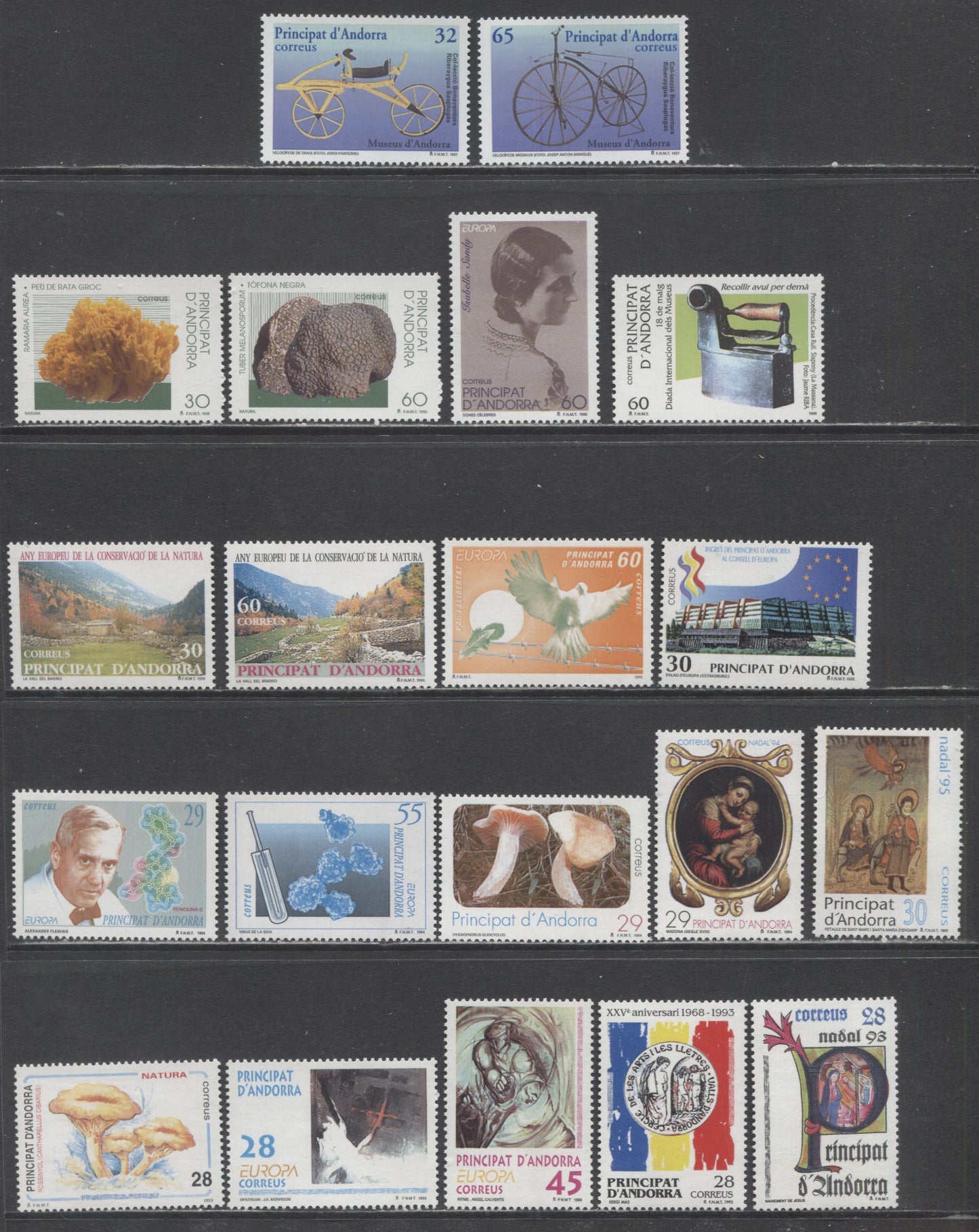 Andorra (Spanish Admin) SC#222/243 1993-1996 Mushrooms/Museums Issues, 20 VFNH Singles, Click on Listing to See ALL Pictures, 2017 Scott Cat. $18.8