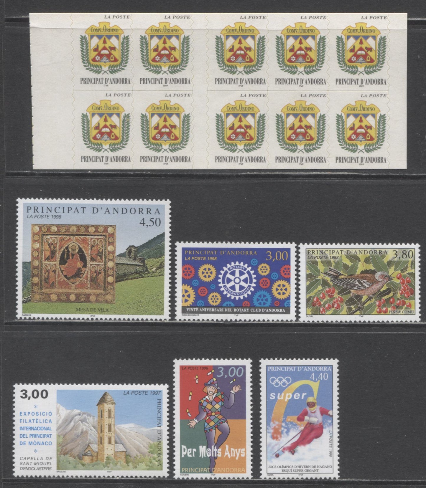 Andorra (French Admin) SC#488-494 1997-1998 Chapel/Finch Issues, 7 VFNH Singles & Booklet Pane Of 10, Click on Listing to See ALL Pictures, 2017 Scott Cat. $25.2