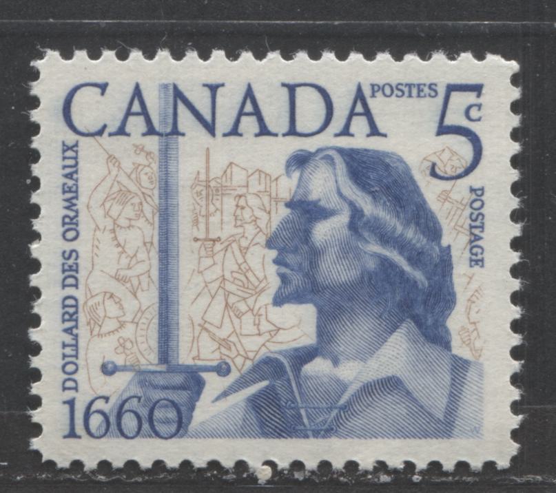Canada #390var 5c Brown & Dark Blue Dollard Des Ormeaux, 1960 Battle of Long Sault Issue, A VFNH Single Significant Downward Shift Of Vignette, DF Vertical Ribbed Paper
