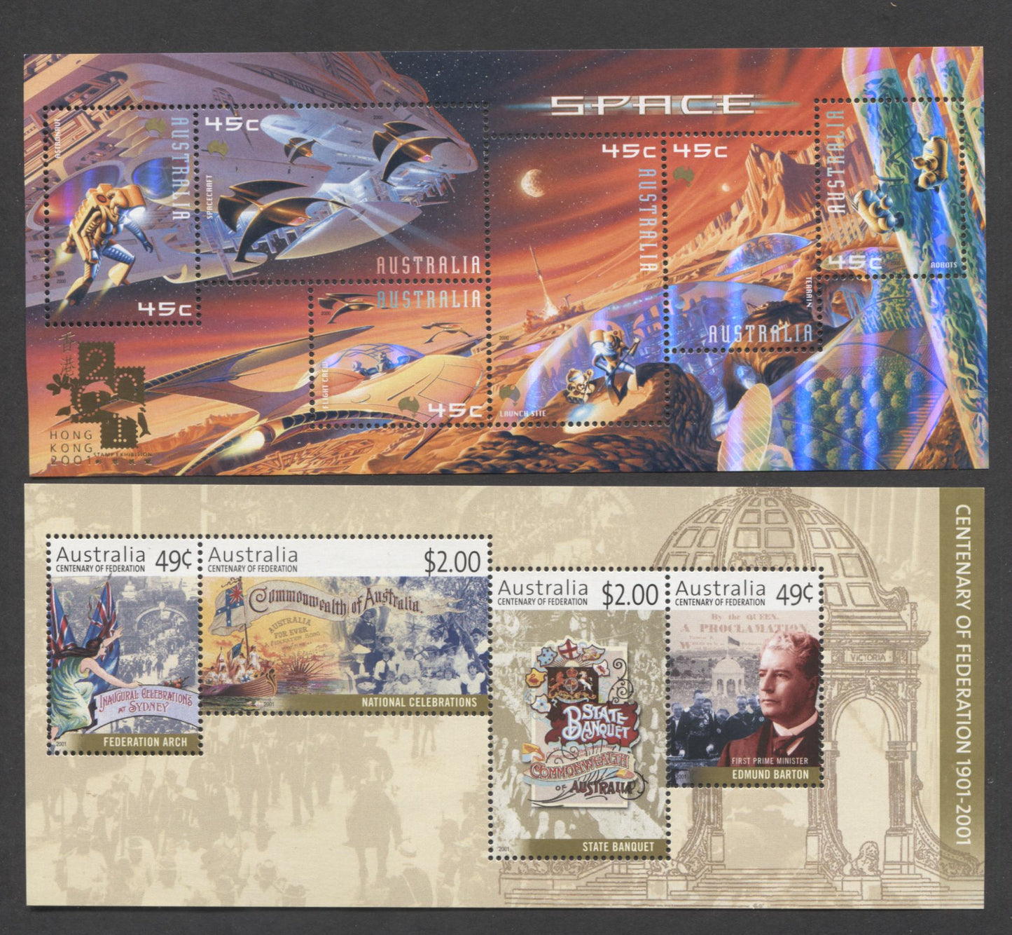 Australia SC#1914a/1920a 2000-2001 Space & Federation Of Australia Centenary Issues, Hong Kong 2001 Stamp Expo Overprint,  2 VFNH Souvenir Sheets, Click on Listing to See ALL Pictures, 2017 Scott Cat. $11