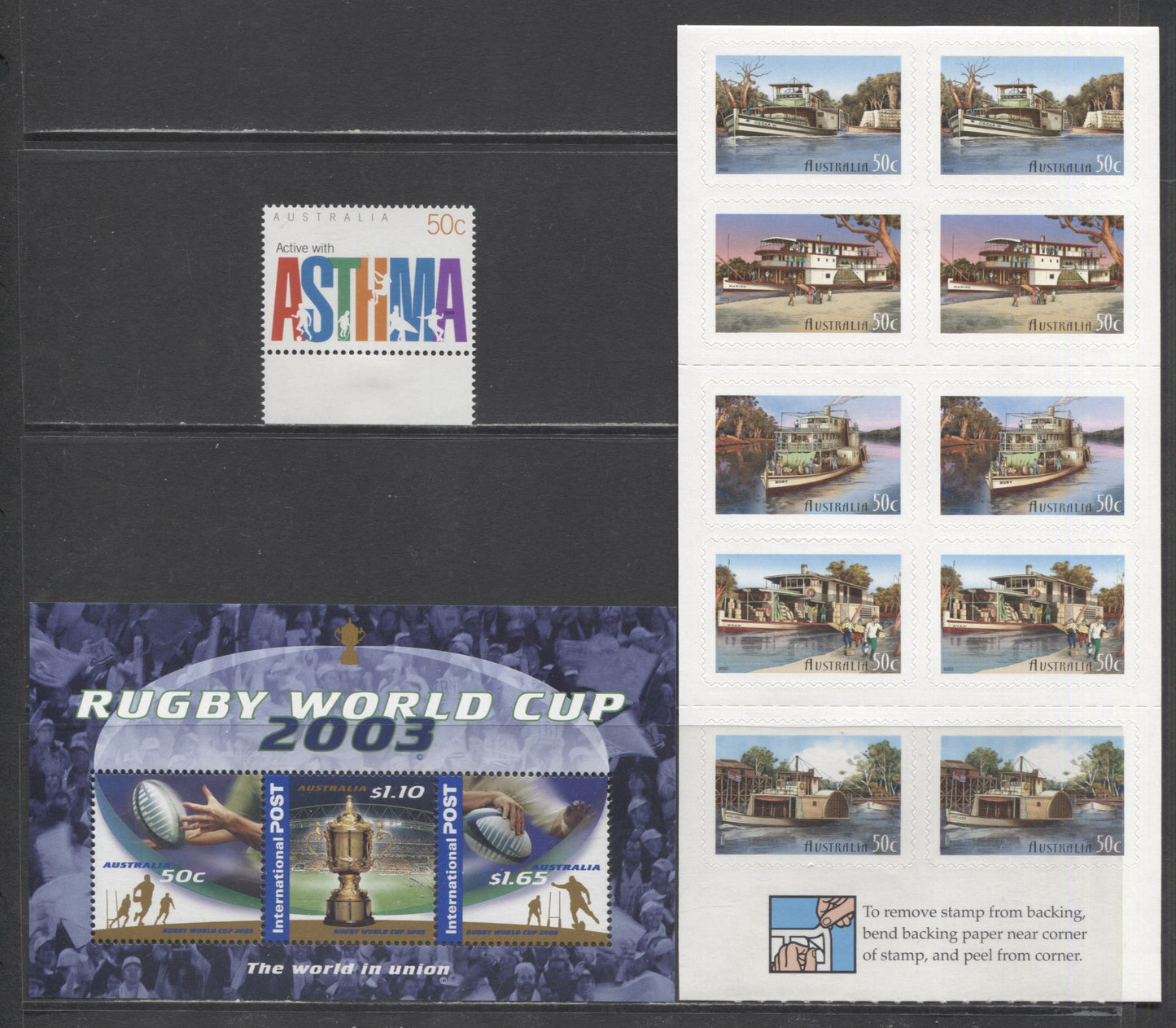 Australia SC#2182b/2202 2003 Murray River Shipping & Rugby World Cup Issues, 3 VFNH Single, Souvenir Sheet & Booklet Of 10, Click on Listing to See ALL Pictures, 2017 Scott Cat. $15.25