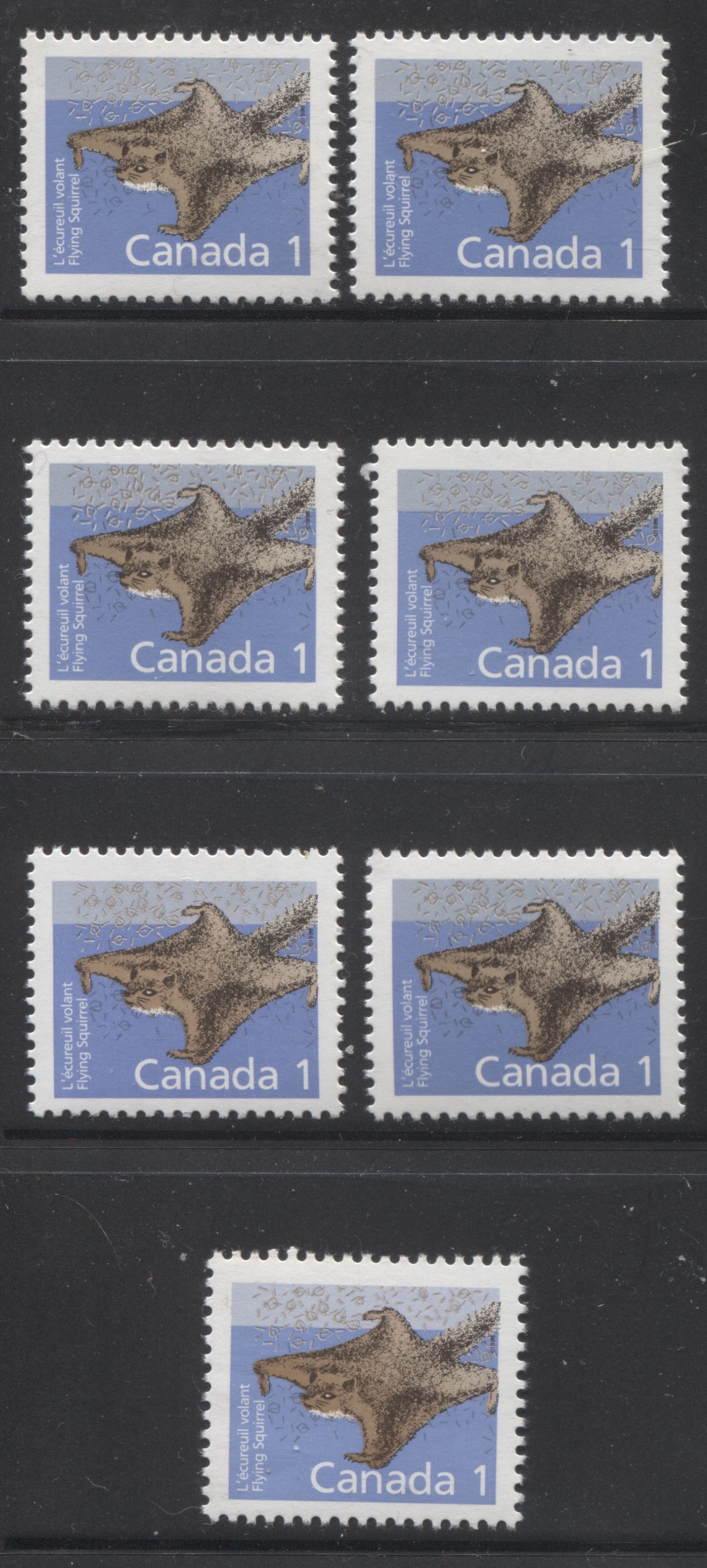 Canada #1155, 1155ii, 1155a 1c Multicoloured Flying Squirrel, 1987-1991 Mammal & Architecture Issue, 7 VFNH Singles Various Slater and Coated Papers Papers, Perf. 13.1 x 13.6 and Perf. 13.1 x 12.7, Different Shades