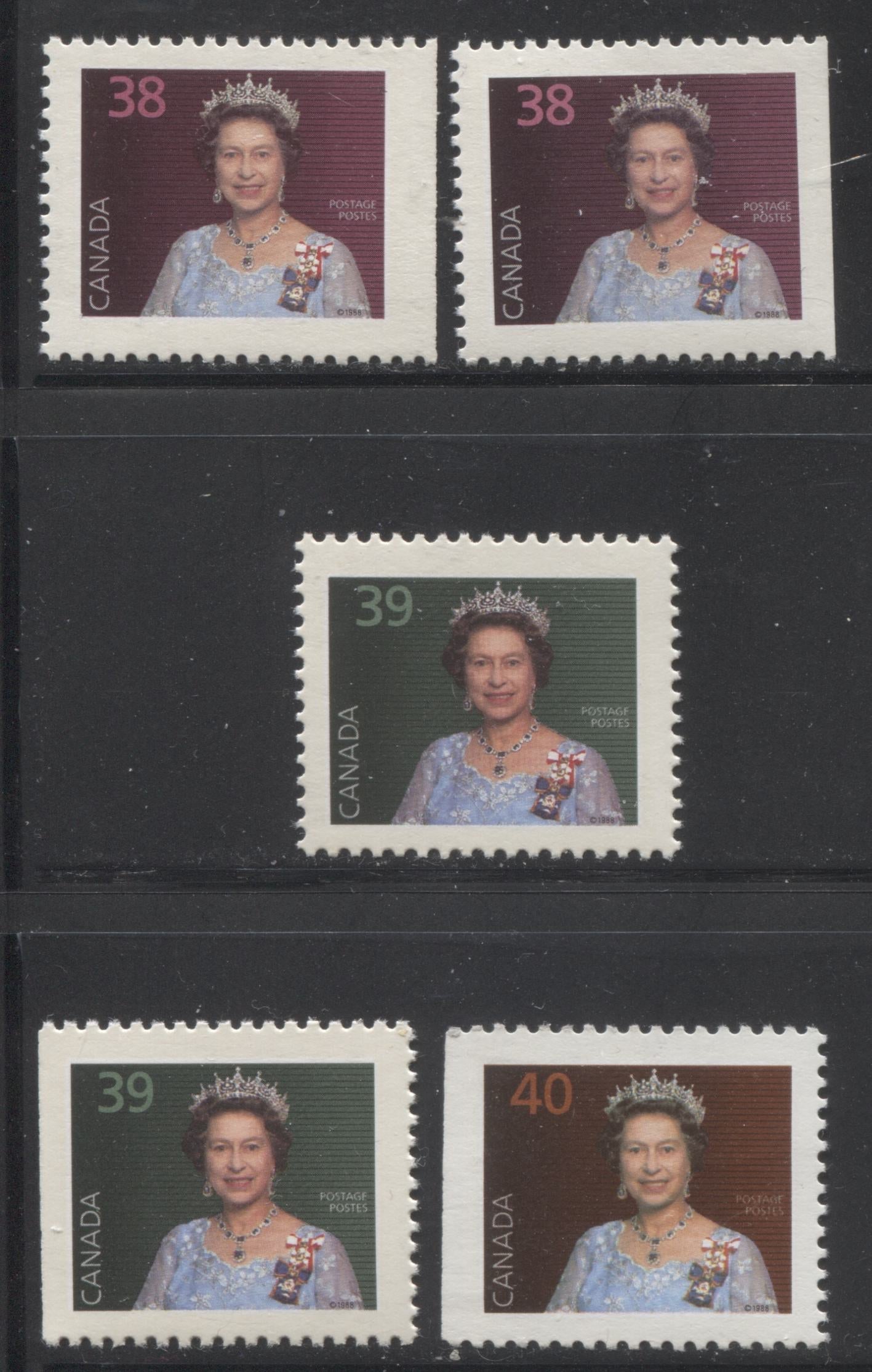 Canada #1164as, 1167as, asi, 1168asi 38c-40c Multicoloured Queen Elizabeth II, 1987-1991 Mammal & Architecture Issue, 5 VFNH Singles Slater & Coated Papers Papers, From Booklets, Including The 38c Both With and Without Visible Vertical Mesh