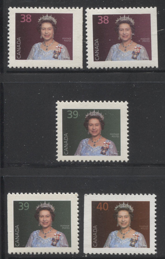 Canada #1164as, 1167as, asi, 1168asi 38c-40c Multicoloured Queen Elizabeth II, 1987-1991 Mammal & Architecture Issue, 5 VFNH Singles Slater & Coated Papers Papers, From Booklets, Including The 38c Both With and Without Visible Vertical Mesh