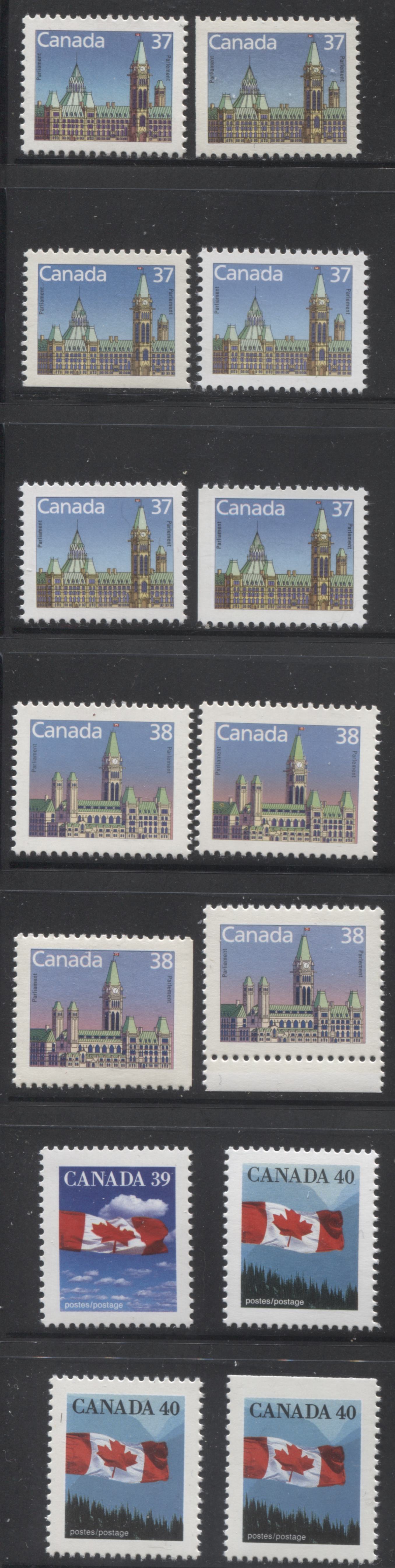 Canada #1163/1168as 37c-40c Multicoloured Parliament Buildings & Canadian Flag, 1987-1991 Mammal & Architecture Issue, 14 VFNH Singles Most Sheet & Booklet Printings