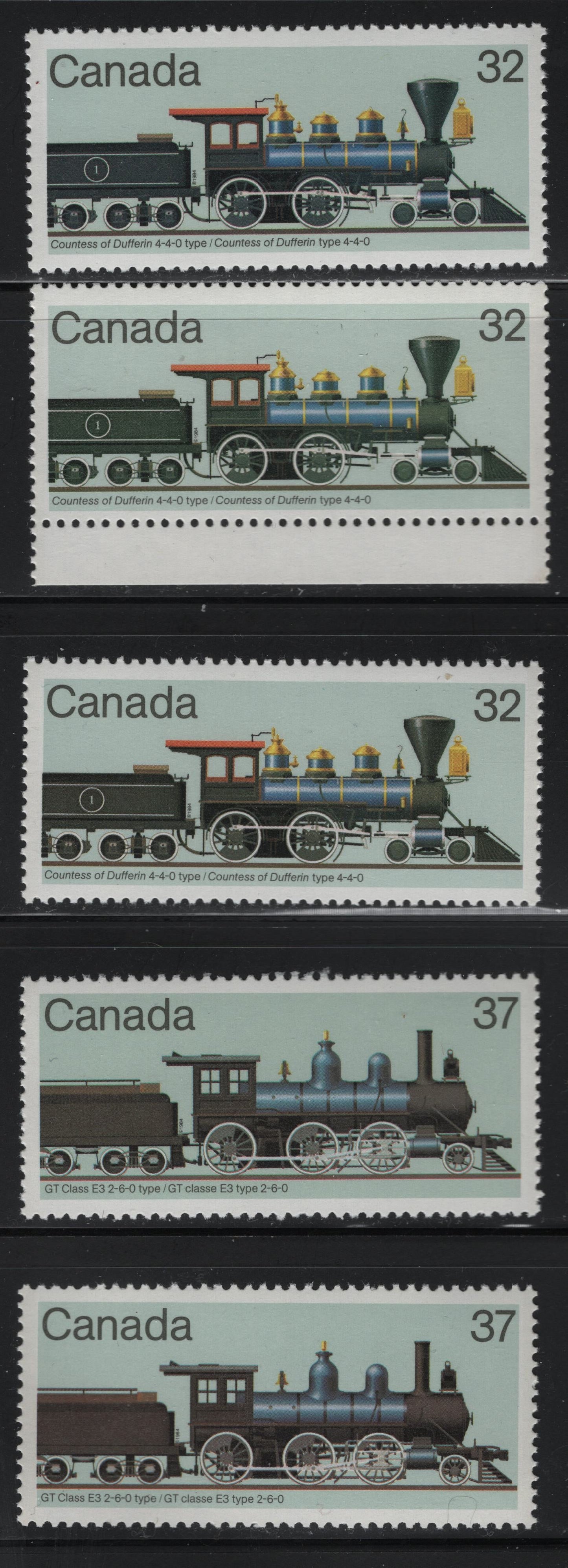 Canada  1037, 1039 32c, 37c Multicoloured Locomotives, 1984 Canadian Locomotive Issue, 5 VFNH Singles DF2/DF2 Harrison Paper, Different Shades of Black