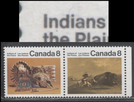 Canada #563avar 8c Multicoloured Buffalo Chase & Artifacts, 1972 Plains Indians Issue, A VFNH Pair Dot Under "N" of "Indians", Pos. 39, MF/HF Paper