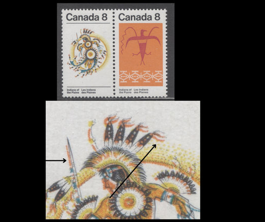 Canada #565avar 8c Multicoloured Sun Dance & Thunderbird, 1972 Plains Indians Issue, A VFNH Pair Rightward Shift of Black,  DF2/NF Vertical Ribbed Paper