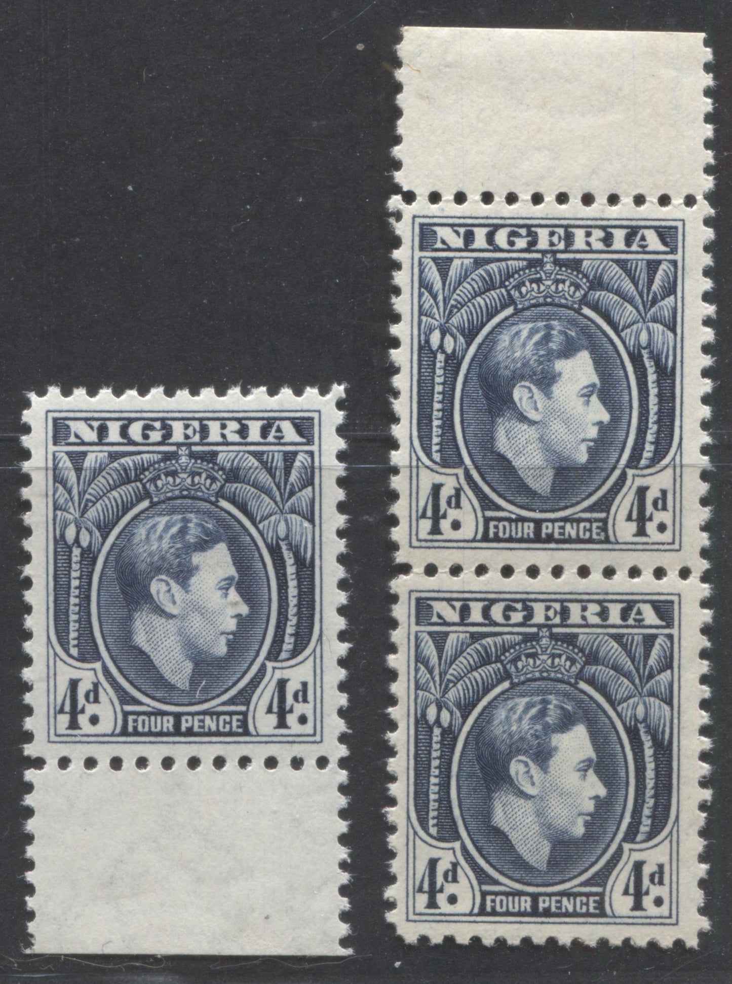 Nigeria #68var (SG#54avar) 4d Blue King George VI, 1938-1952 King George VI Definitive Issue, A VFNH Single & Vertical Pair, Line Perf 12, 1945 Printing, Constant Vertical Scratches From Right "4" to Trunk of Palm & Through Left "4d"